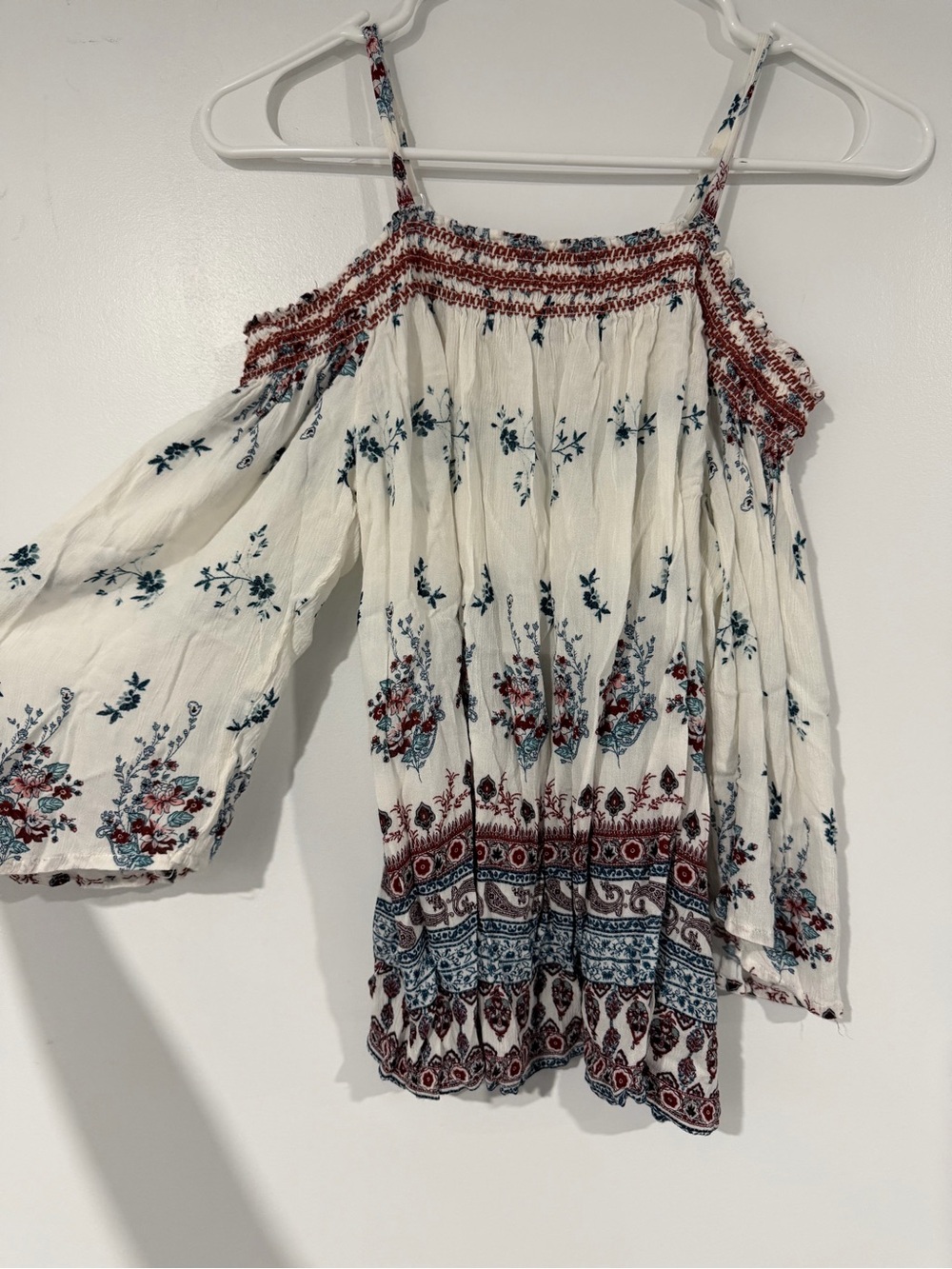Rewind White Off-Shoulder Smocked Top with Blue & Red Floral Print